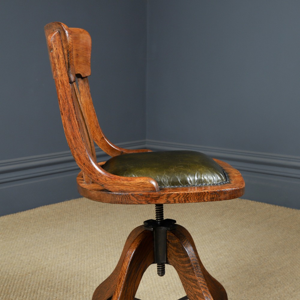 Antique English George V Oak & Green Leather Revolving Armless Small Office Desk Side Chair (Circa 1920) View IX