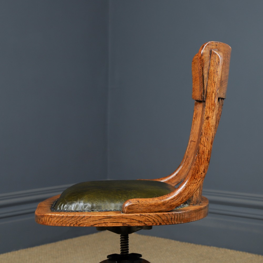 Antique English George V Oak & Green Leather Revolving Armless Small Office Desk Side Chair (Circa 1920) View X
