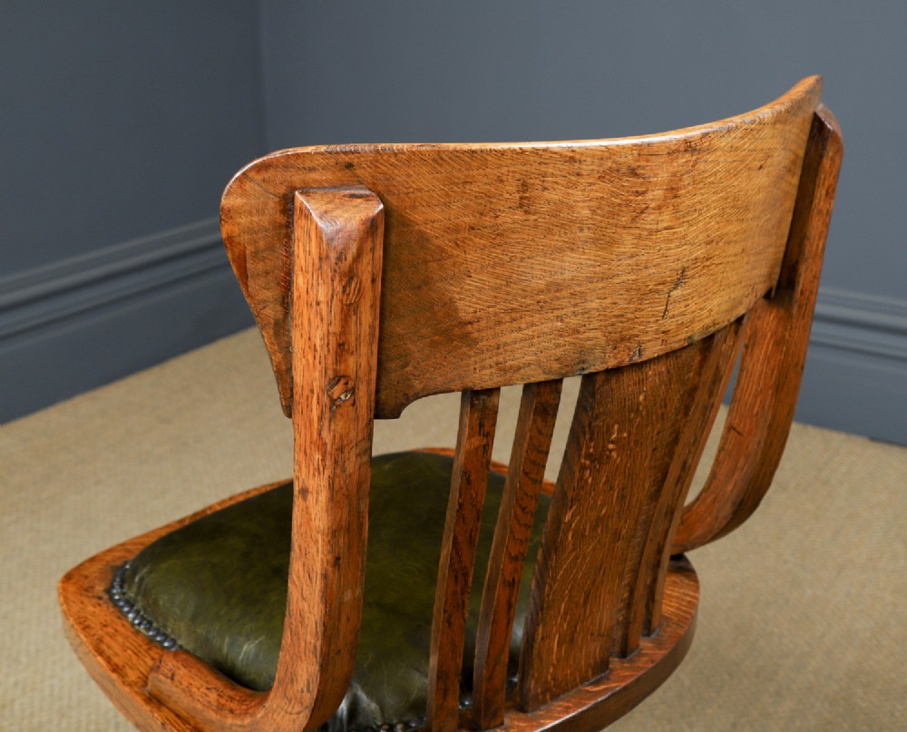 Antique English George V Oak & Green Leather Revolving Armless Small Office Desk Side Chair (Circa 1920) View XI
