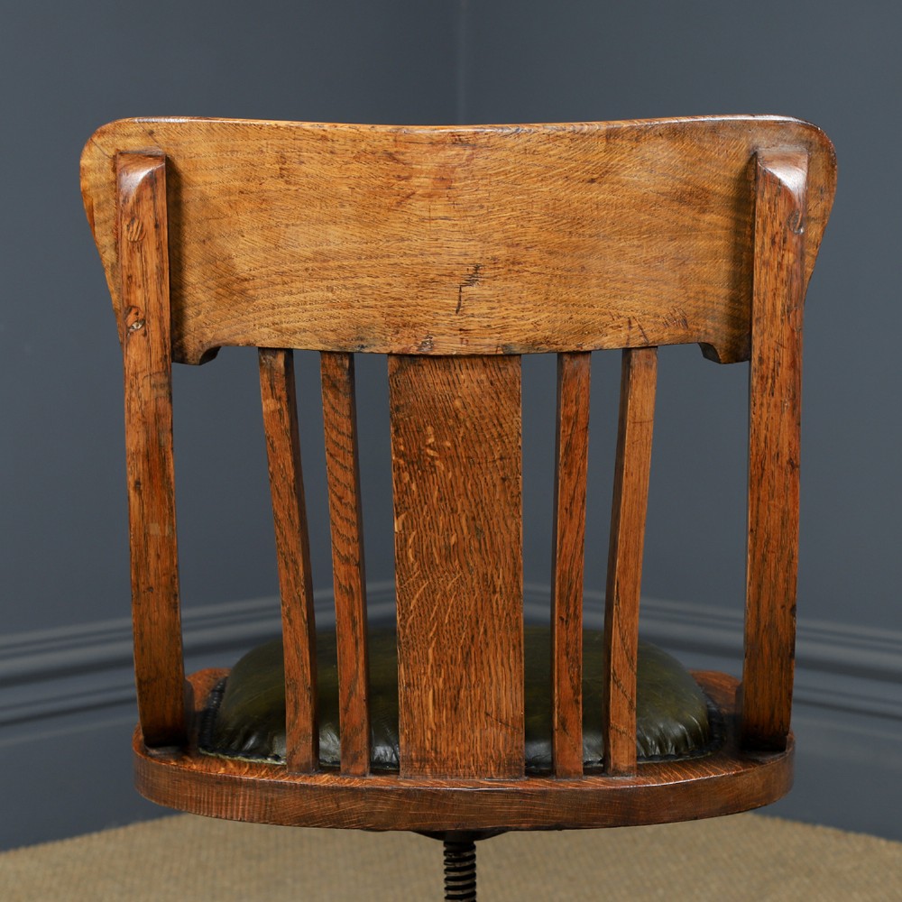 Antique English George V Oak & Green Leather Revolving Armless Small Office Desk Side Chair (Circa 1920) View XII