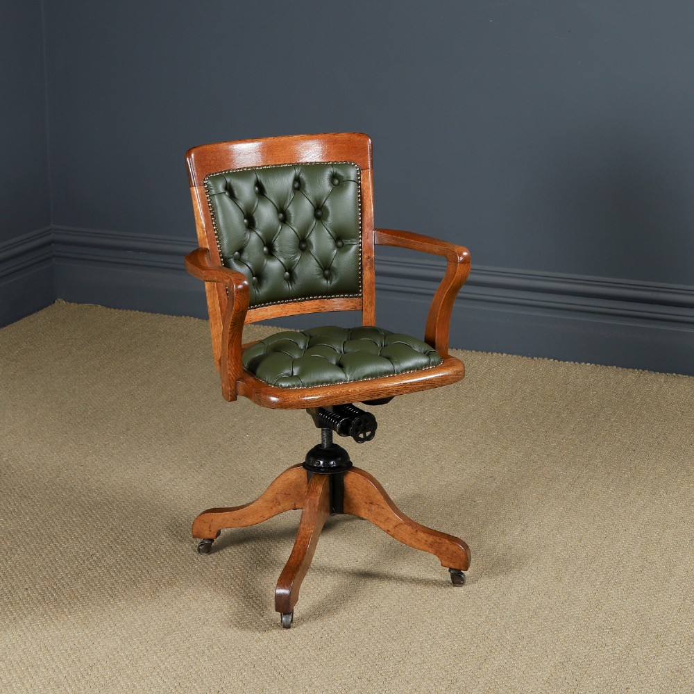 Antique English Edwardian Oak & Green Leather Upholstered Revolving Office Desk Arm Chair Circa 1910