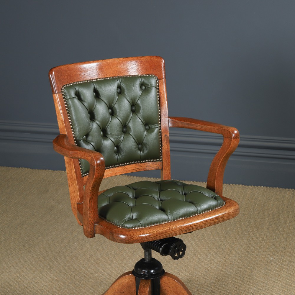 Antique English Edwardian Oak & Green Leather Upholstered Revolving Office Desk Arm Chair Circa 1910 View II