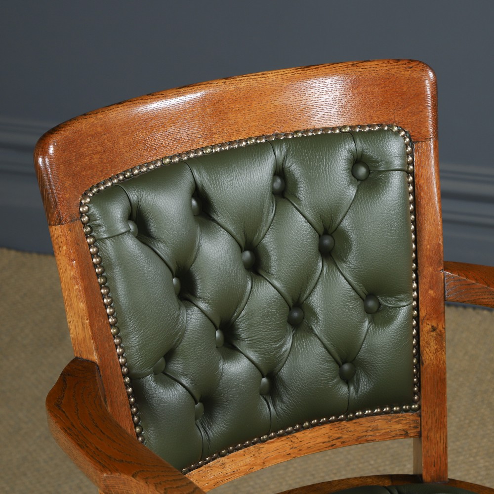 Antique English Edwardian Oak & Green Leather Upholstered Revolving Office Desk Arm Chair Circa 1910 View III