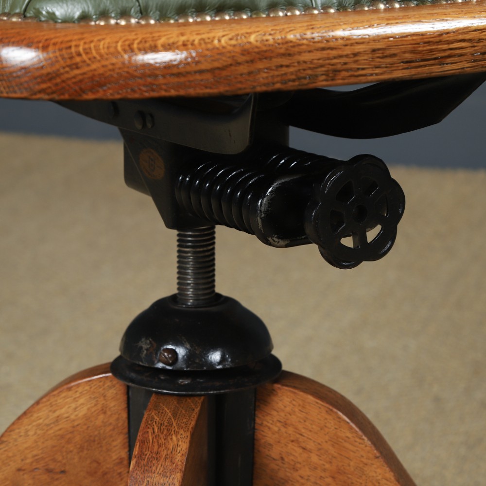Antique English Edwardian Oak & Green Leather Upholstered Revolving Office Desk Arm Chair Circa 1910 View V