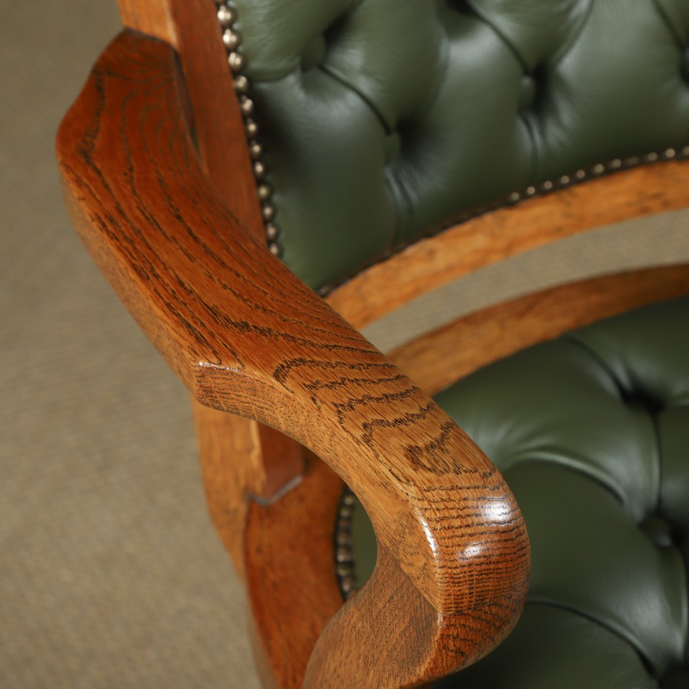 Antique English Edwardian Oak & Green Leather Upholstered Revolving Office Desk Arm Chair Circa 1910 View VI
