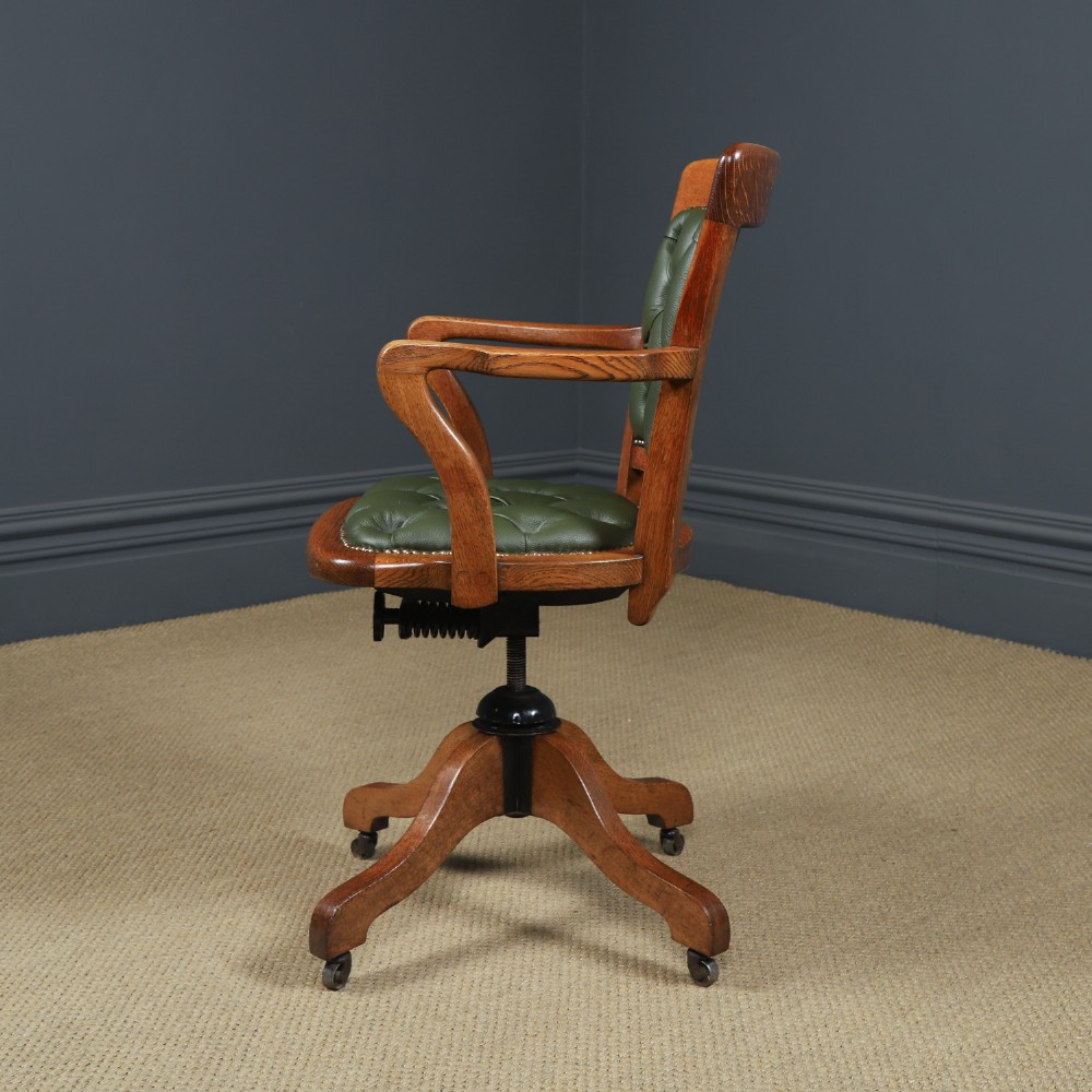 Antique English Edwardian Oak & Green Leather Upholstered Revolving Office Desk Arm Chair Circa 1910 View VII
