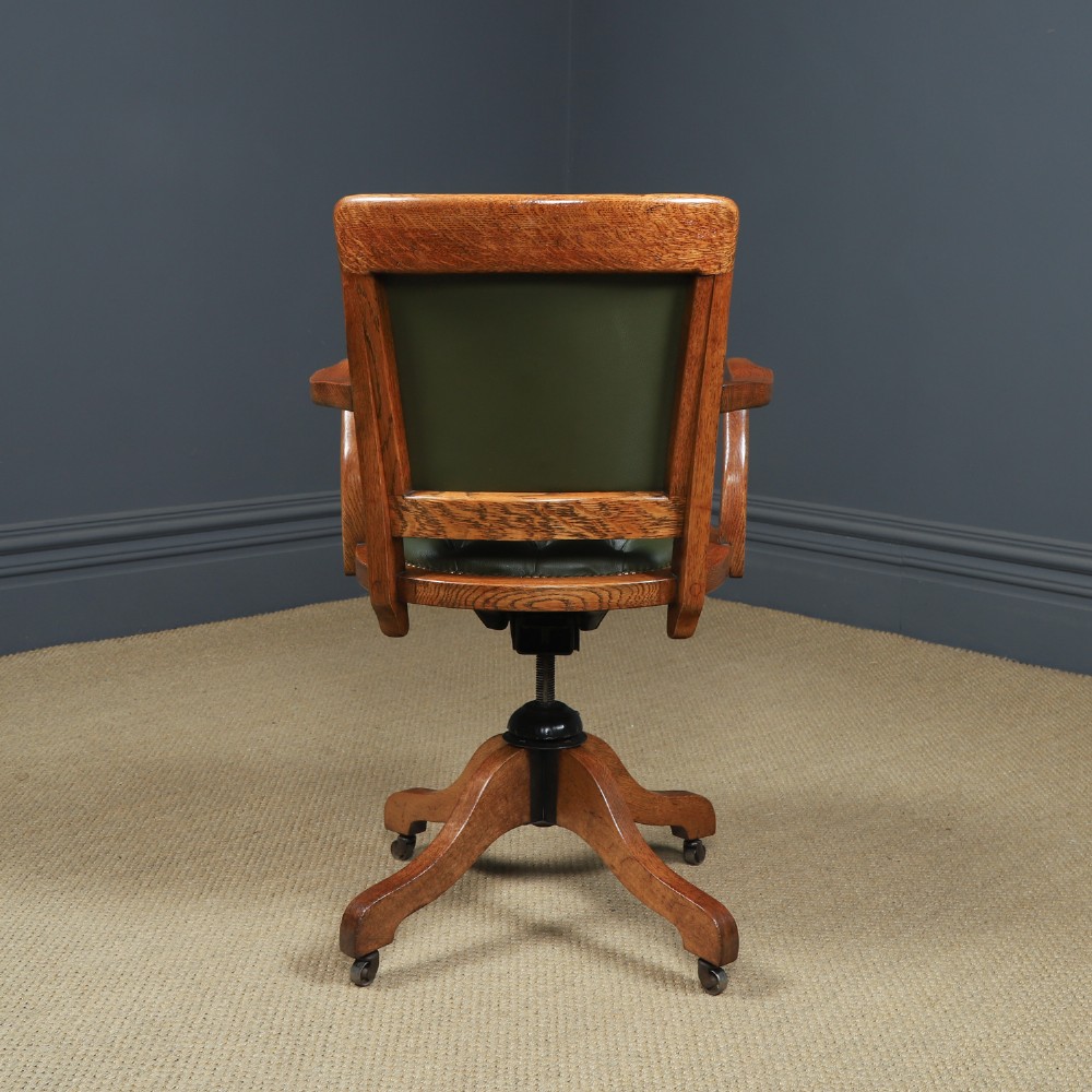Antique English Edwardian Oak & Green Leather Upholstered Revolving Office Desk Arm Chair Circa 1910 View VIII