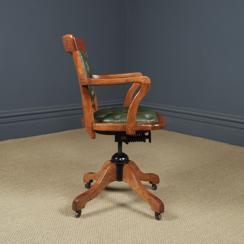 Antique English Edwardian Oak & Green Leather Upholstered Revolving Office Desk Arm Chair Circa 1910 View IX