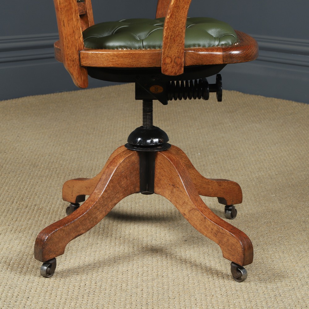 Antique English Edwardian Oak & Green Leather Upholstered Revolving Office Desk Arm Chair Circa 1910 View X