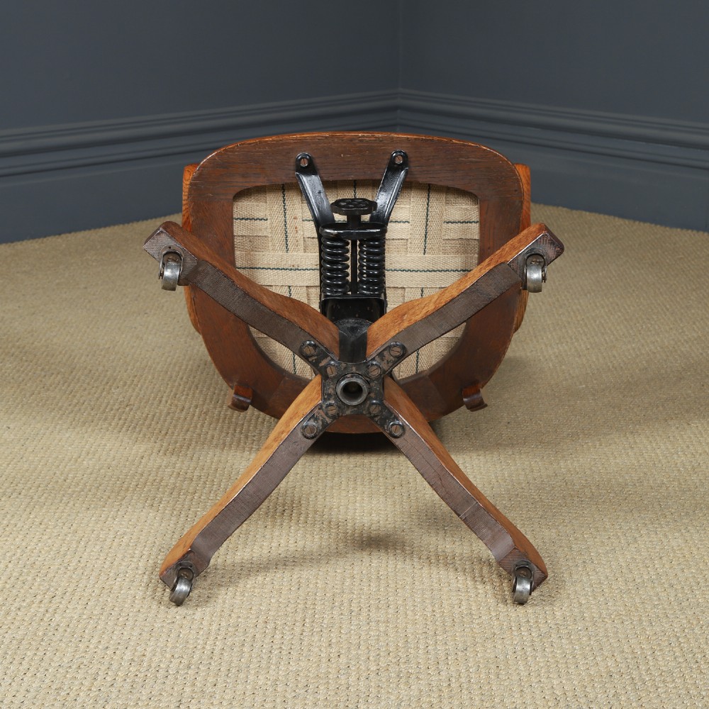 Antique English Edwardian Oak & Green Leather Upholstered Revolving Office Desk Arm Chair Circa 1910 View XII