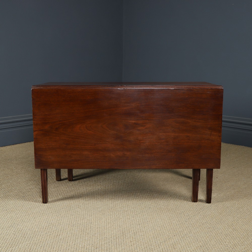 A Georgian mahogany drop-leaf dining table shown fully extended with rectangular flaps, a shaped apron, and straight square legs. View IX