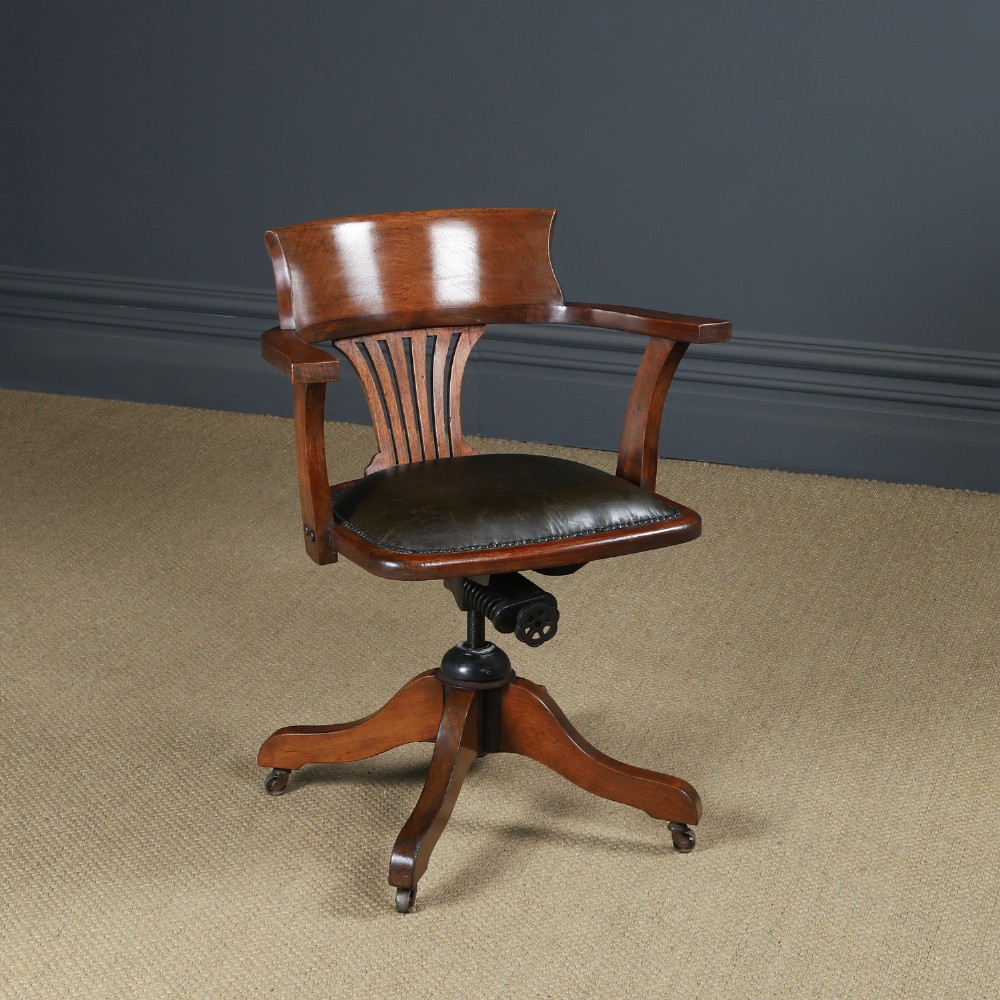 Antique English Edwardian Beech & Green Leather Revolving Office Desk Arm Chair (Circa 1910)