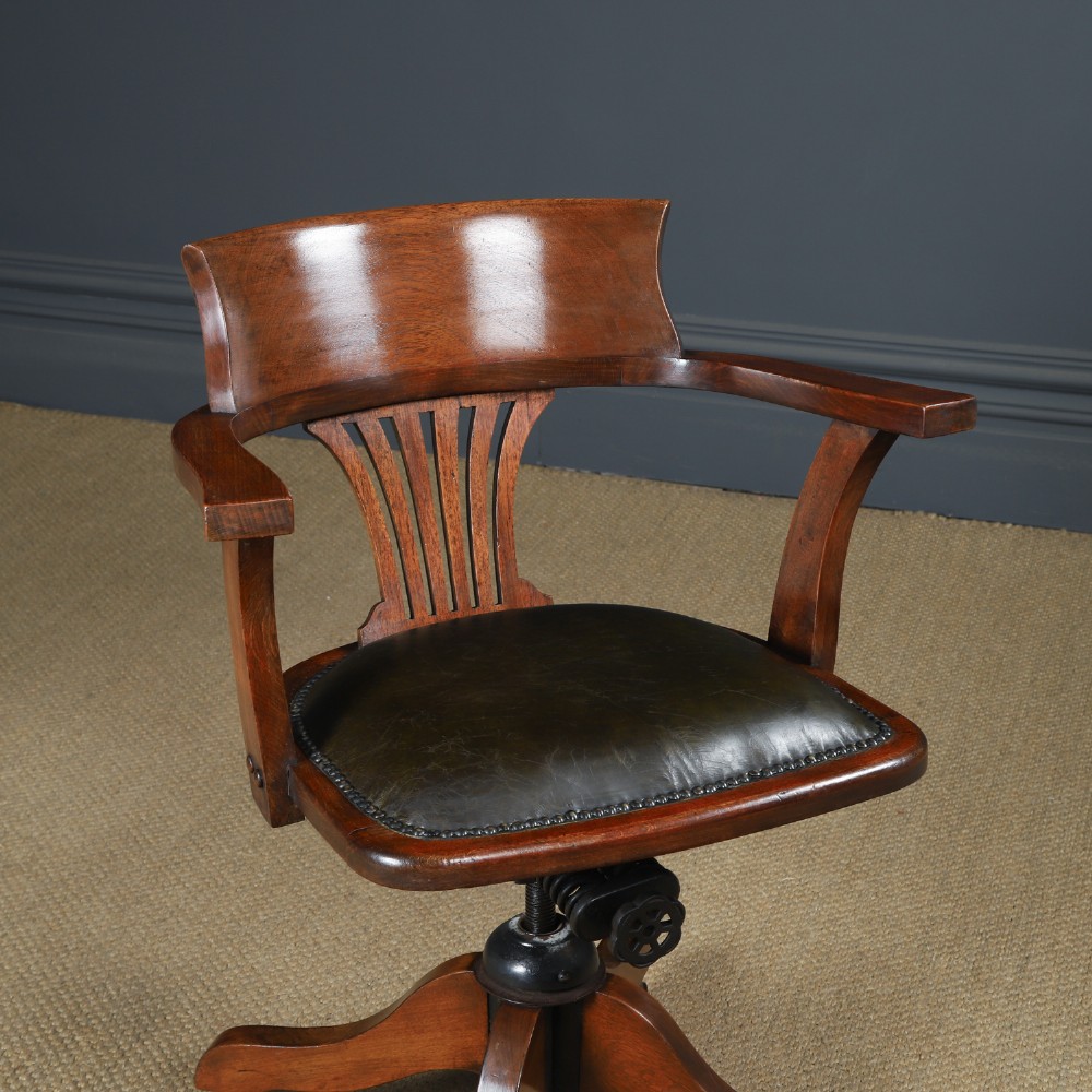 Antique English Edwardian Beech & Green Leather Revolving Office Desk Arm Chair (Circa 1910) View II