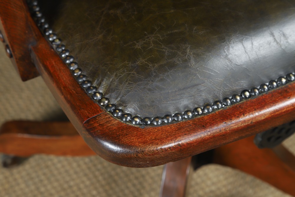 Antique English Edwardian Beech & Green Leather Revolving Office Desk Arm Chair (Circa 1910) View V