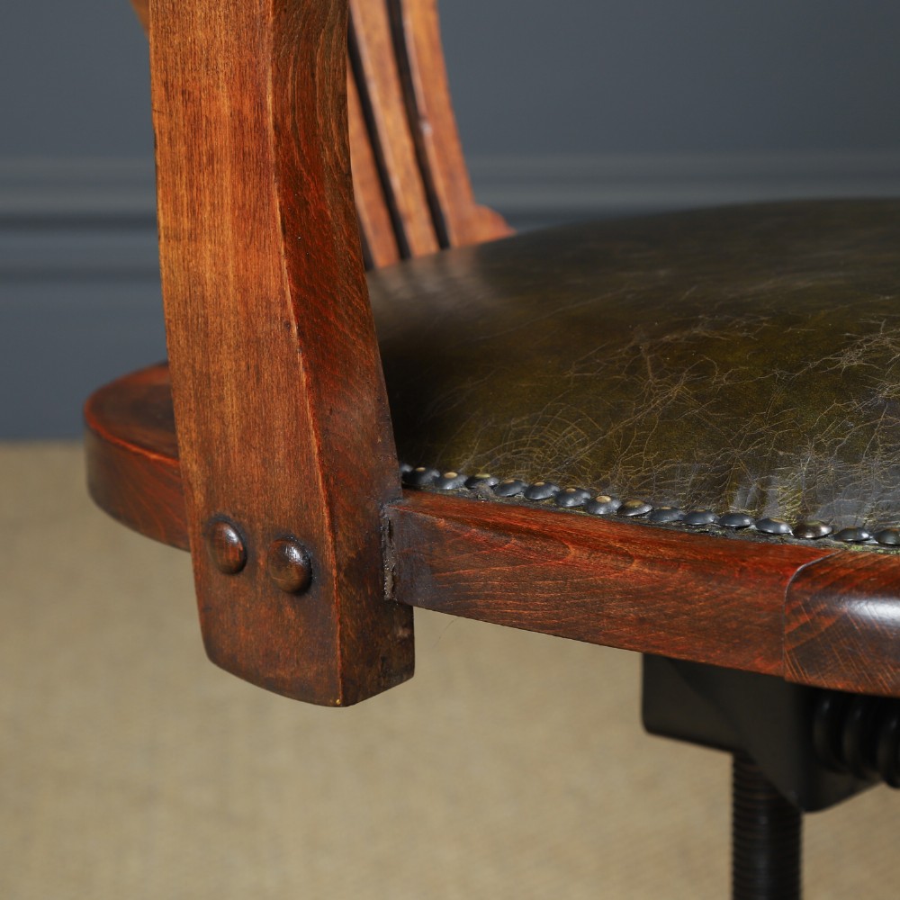Antique English Edwardian Beech & Green Leather Revolving Office Desk Arm Chair (Circa 1910) View VI