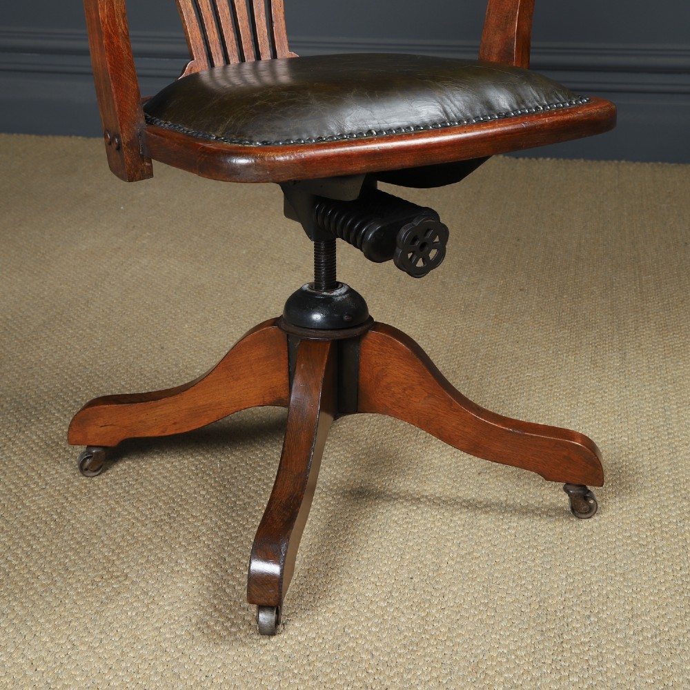 Antique English Edwardian Beech & Green Leather Revolving Office Desk Arm Chair (Circa 1910) View VII