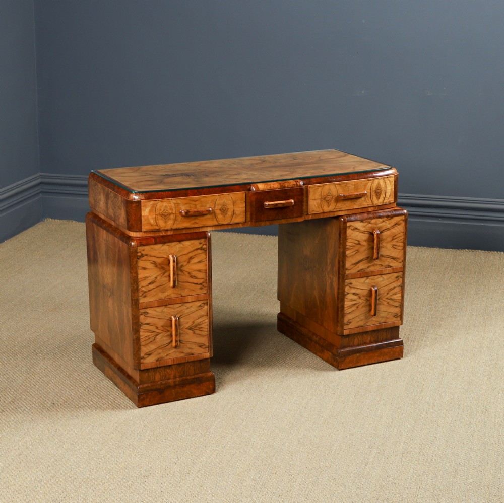 Antique English Art Deco Walnut & Burr Elm Glass Skyscraper Pedestal Office Writing Desk (Circa 1930)