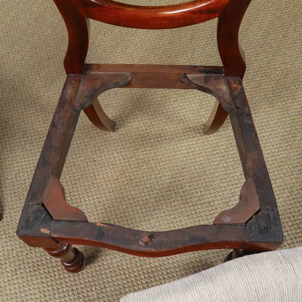 A set of six Victorian mahogany dining chairs featuring open balloon-shaped backs, turned front legs, and neutral upholstered seats. View XIV