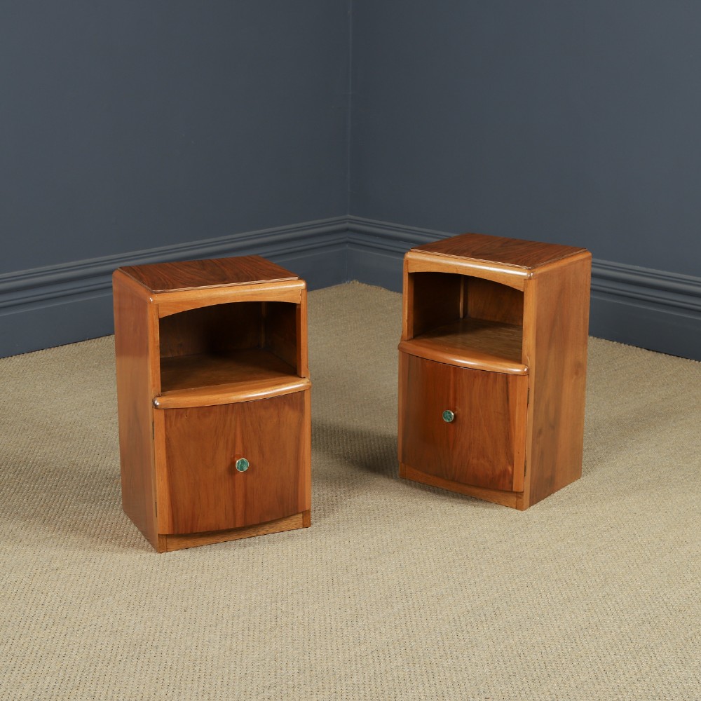Vintage English Pair of Art Deco Walnut Nightstands Bedsides Tables Cabinets Chests with Open Area & Cupboard (Circa 1930)