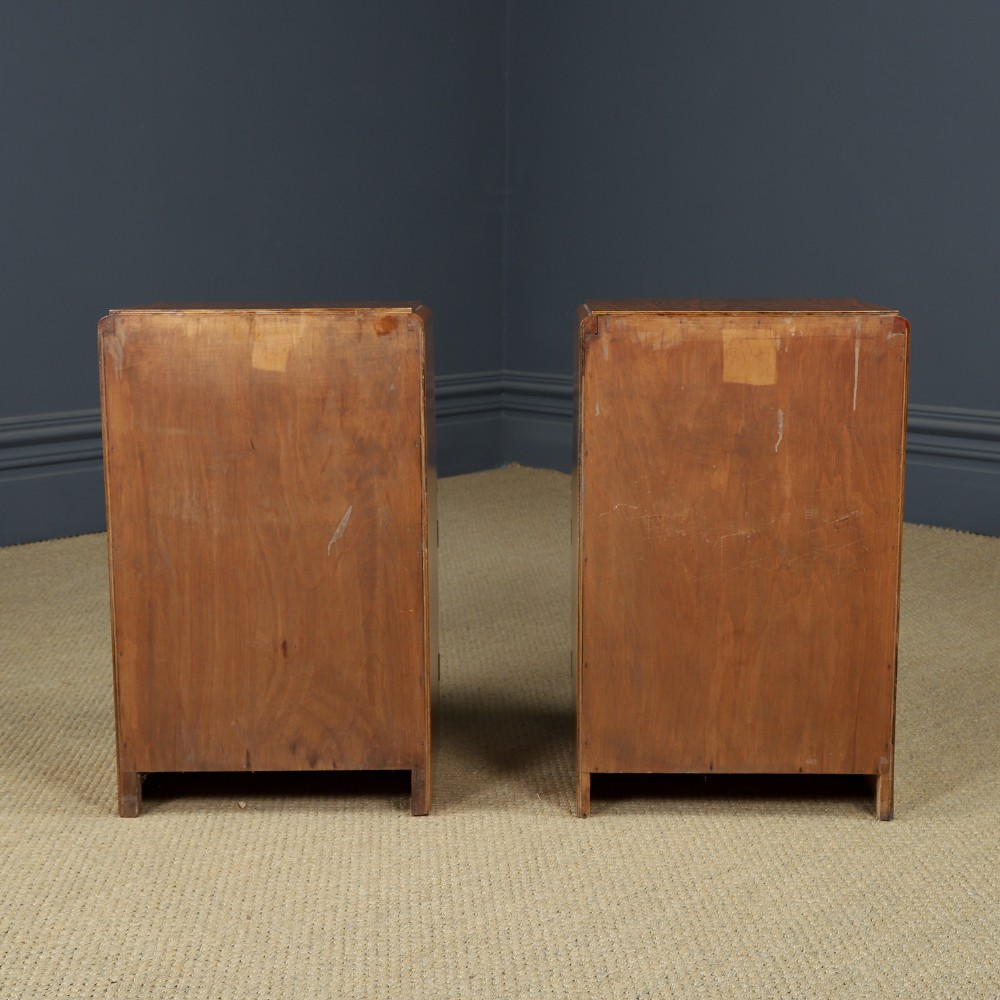 A pair of Art Deco walnut bedside tables with an upper open compartment and a lower cupboard featuring a round green handle. View XIII