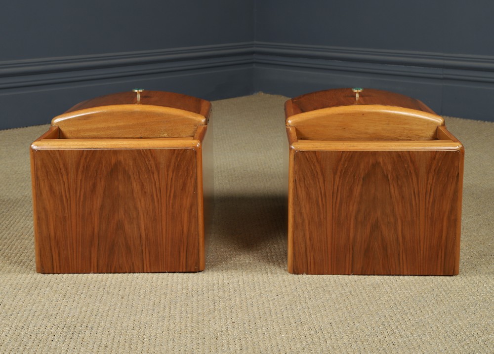 A pair of Art Deco walnut bedside tables with an upper open compartment and a lower cupboard featuring a round green handle. View XIV