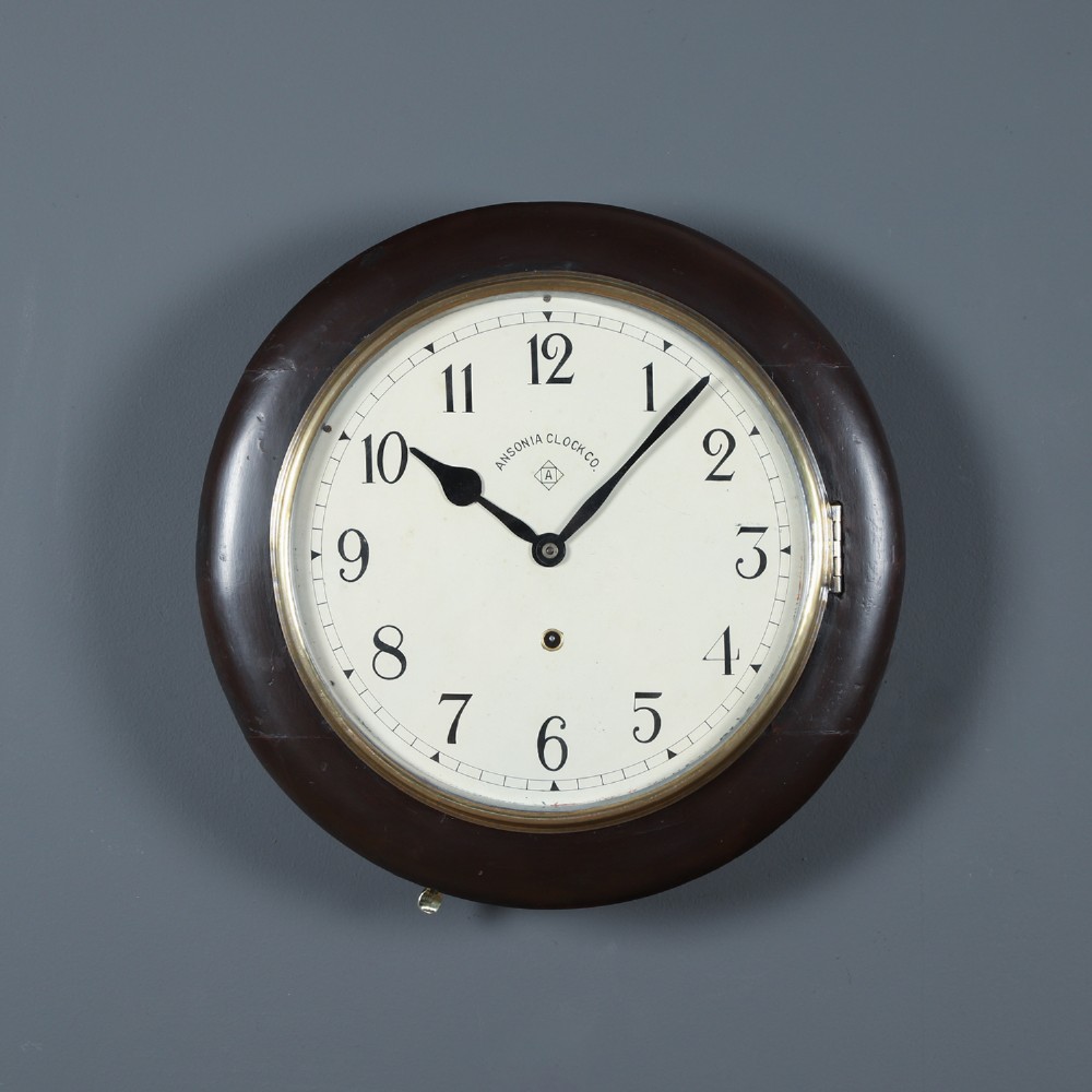 Antique 16" Mahogany Ansonia Railway Station / School Round Dial Wall Clock (Timepiece)