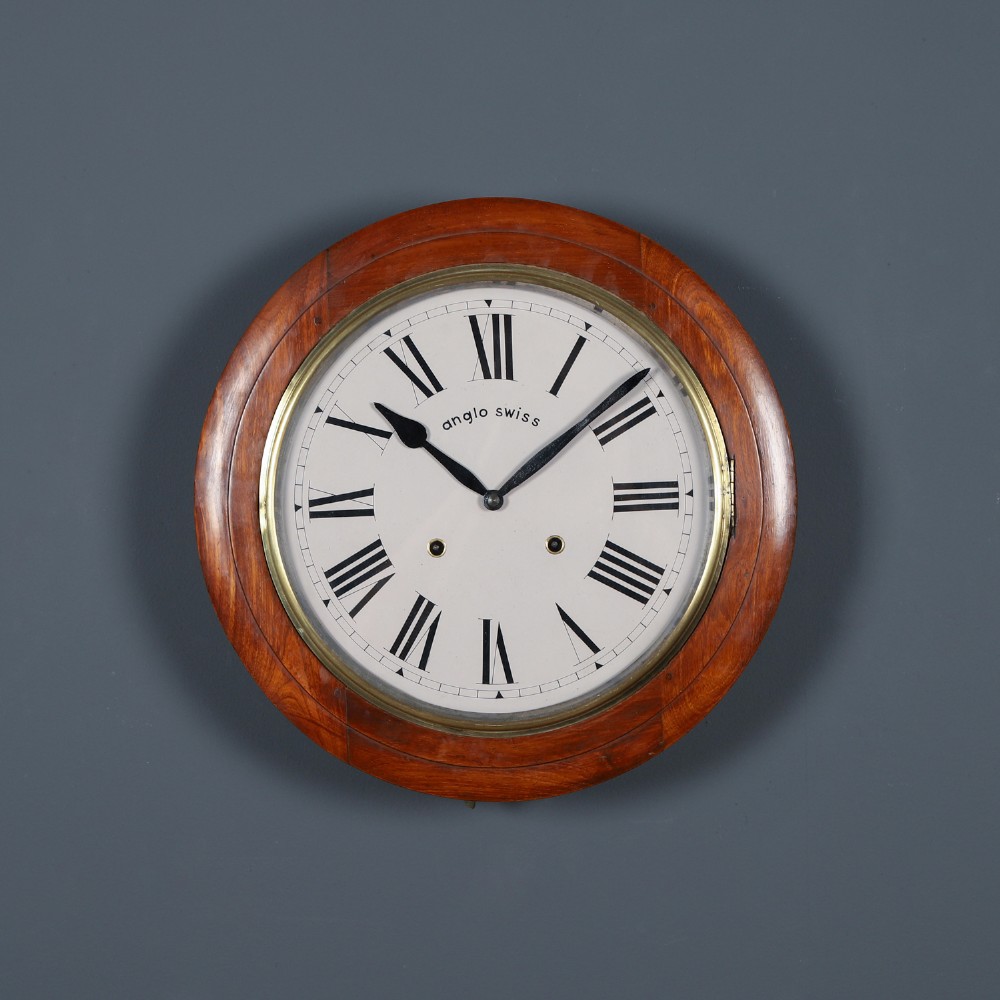 Antique 16" Anglo Swiss Mahogany Railway Station / School Wall Clock (Chiming / Striking)