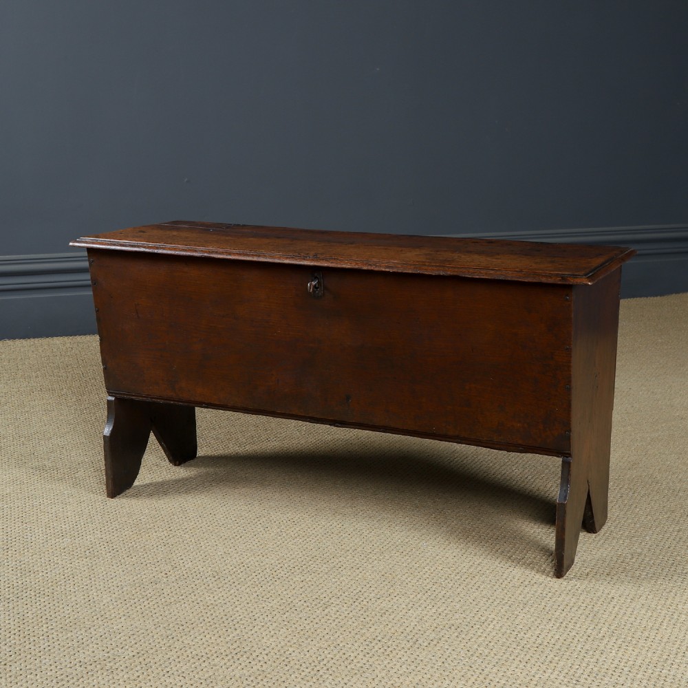 A rectangular dark brown oak six-plank coffer featuring V-cut side legs and iron keyhole escutcheon detail. View VII