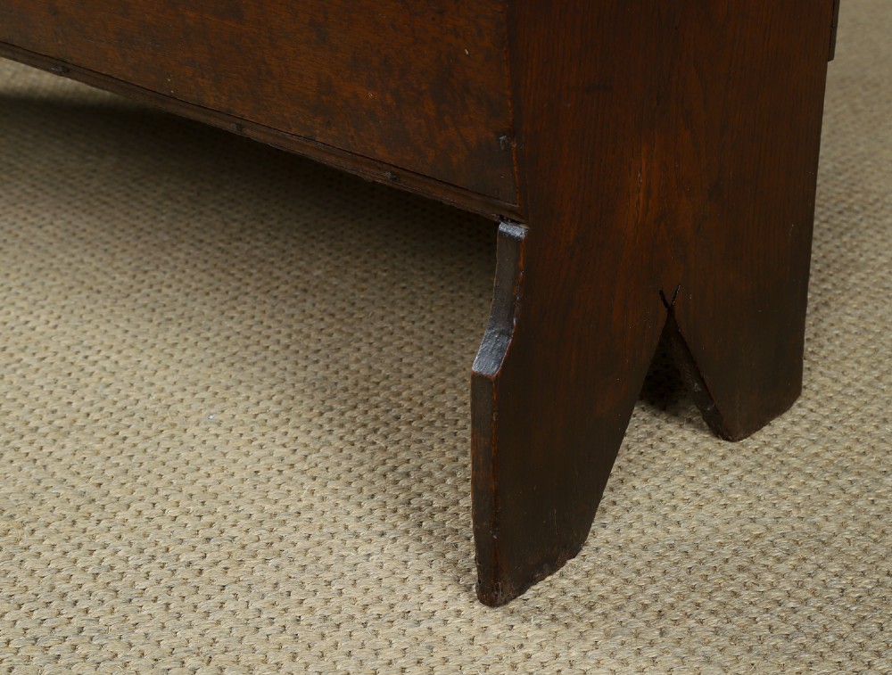 A rectangular dark brown oak six-plank coffer featuring V-cut side legs and iron keyhole escutcheon detail. View VIII