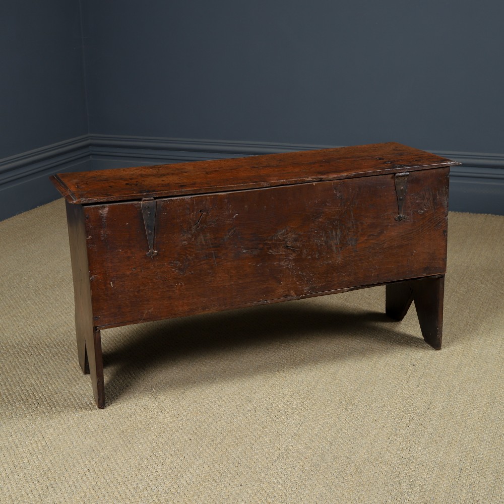 A rectangular dark brown oak six-plank coffer featuring V-cut side legs and iron keyhole escutcheon detail. View XIV