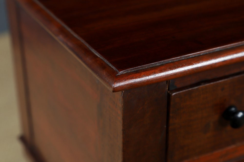 A pair of tall Victorian mahogany bedside tables featuring two small drawers with black knobs, turned legs, and a concave lower shelf. View VII