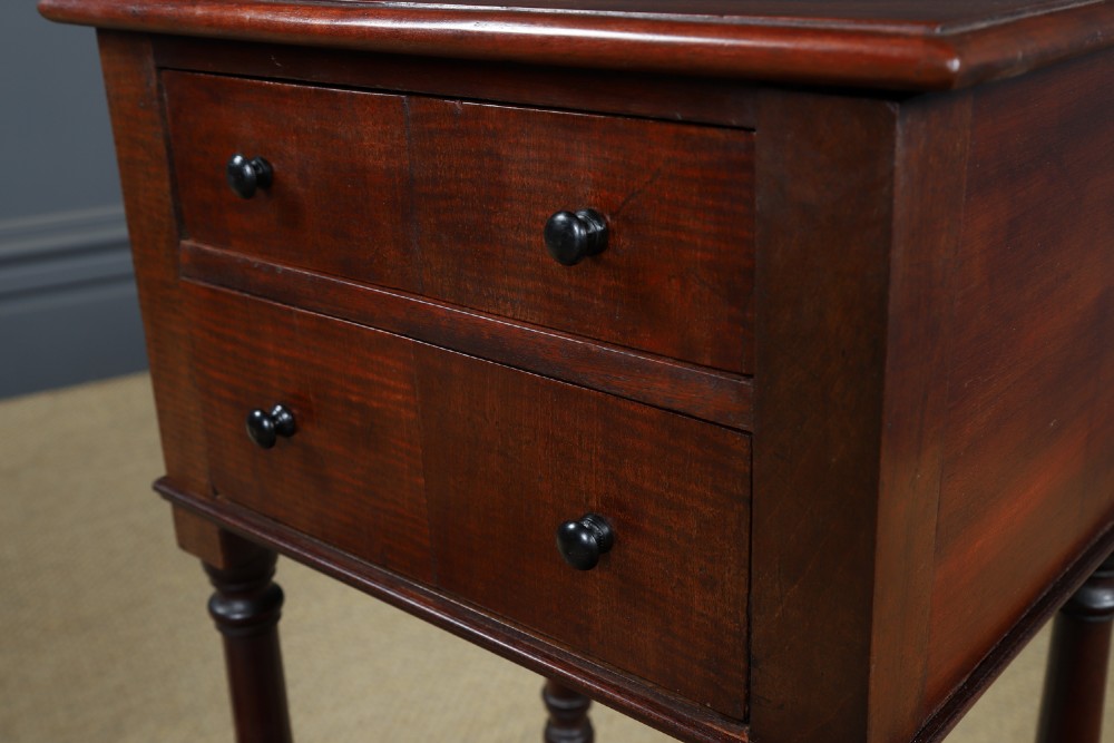 A pair of tall Victorian mahogany bedside tables featuring two small drawers with black knobs, turned legs, and a concave lower shelf. View XI
