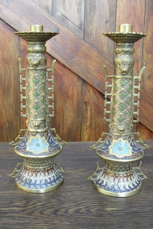 Pair of Oriental Brass Carved Painted Candle Holders