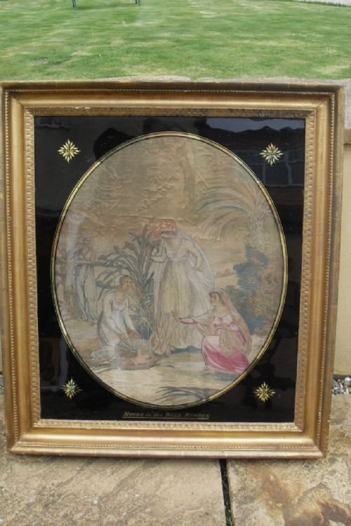 19th Century Framed Needlework of Moses in Bullrushes