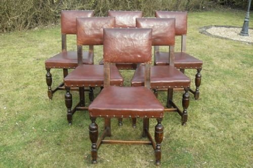 Set of Six Brown Leather Upholstered Dining Chairs  

