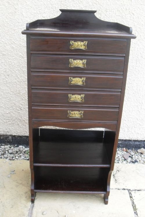 Edwardian Five Drawer Mahogany Music Cabinet with Galleried Top and Brass Handles
