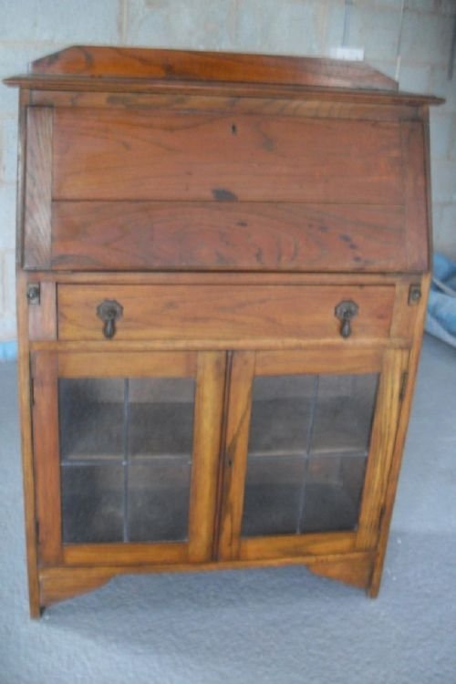 Edwardian Oak Low Bureaux Leaded Glazed Bookcase