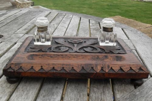 Victorian Oak Carved Deskstand with Twin Inkwells