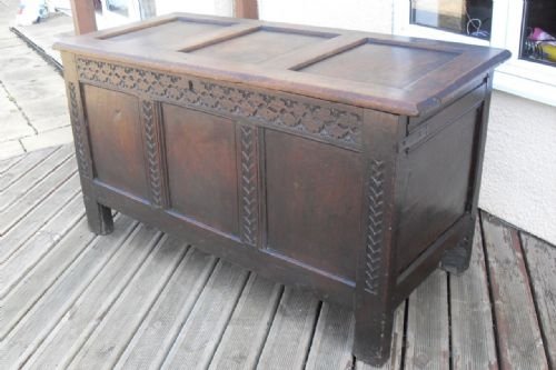 17th Century Oak Coffer Triple Panelled on Stile Supports