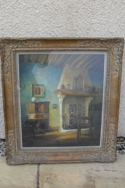 ''Castle Interior'' Oil on Board in Lovely Gilt Frame