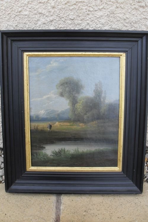Late 19th Cent Country Scene Oil on Canvas in Black Frame
