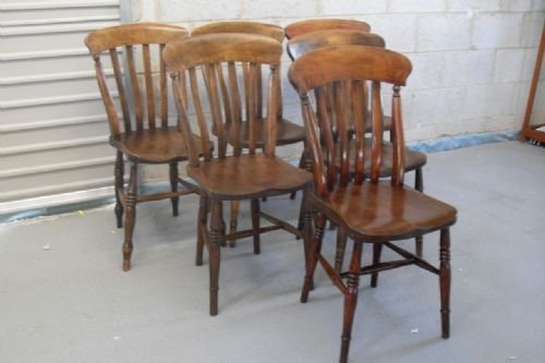 Set of Six Elm and Beech Lathe Back Dining Chairs