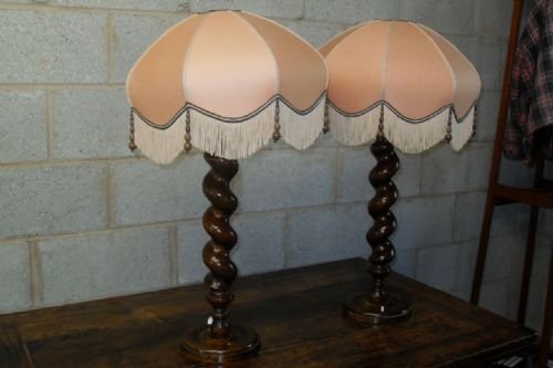 Pair of Oak Barley Twist Table Lamps Art Deco Shades 
 
