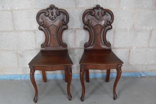Pair of Victorian Oak Carved Hall Chairs