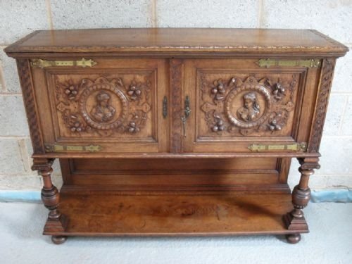 Victorian Gothic-carved Oak Side Cabinet