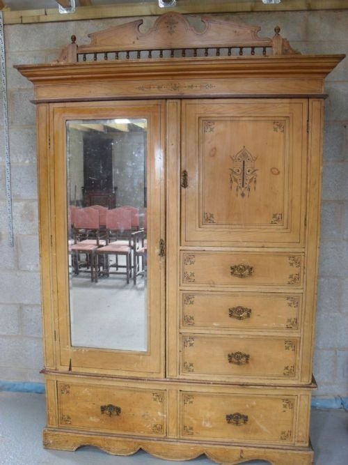 Ornately Painted Pine Compactum Wardrobe in 3 Pieces