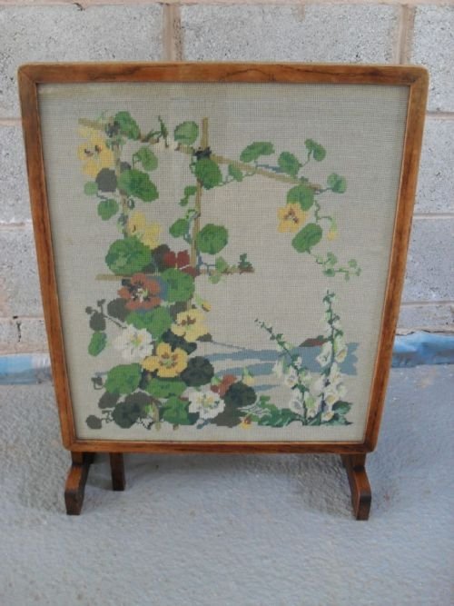 Oak Framed Edwardian Woolwork Firescreen/table