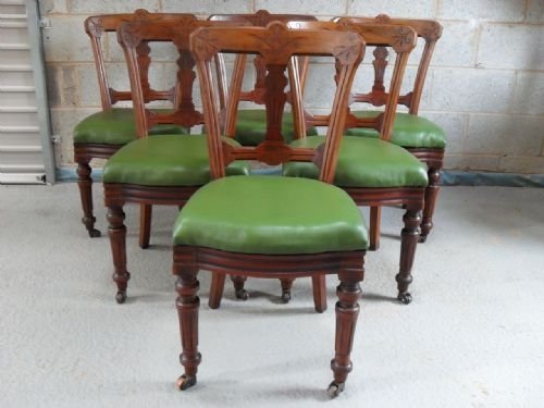 Set of Six Victorian Walnut Carved Vase Backed Dining Chairs