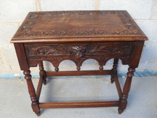 Victorian Carved Oak Hall Table with Mask Handle Drawer