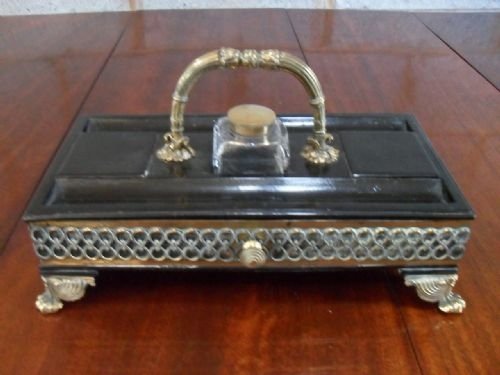 19th Century Brass Mounted Ebonised Ink Stand